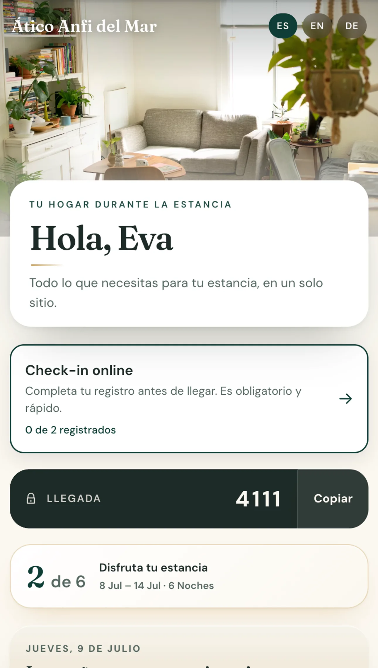 La app del huésped de anpira funcionando: llegada, código de acceso a su hora y check-in online